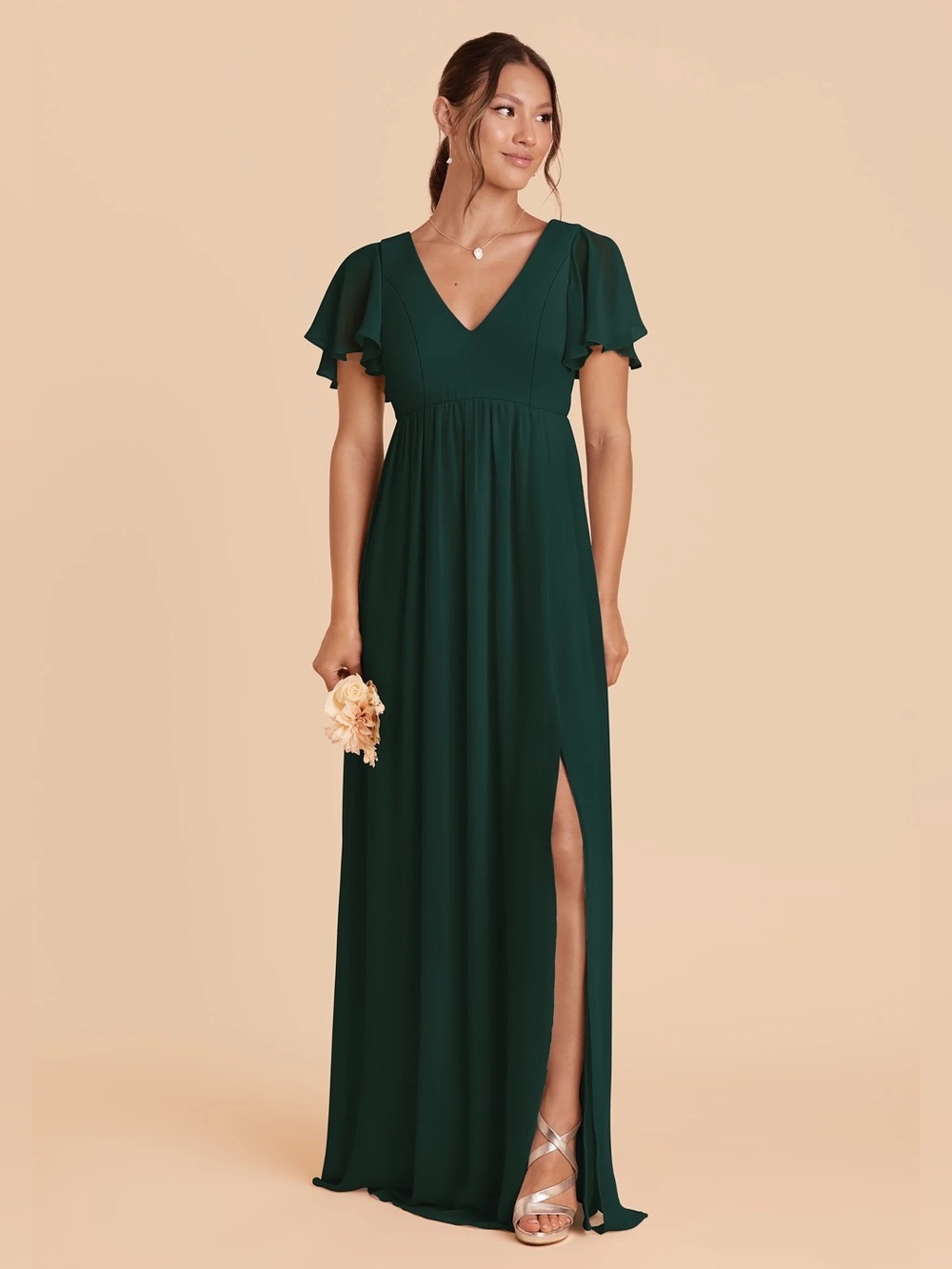 Birdy Grey Hannah Dress Emerald Chiffon Bridesmaid Dress Small Flutter Sleeve